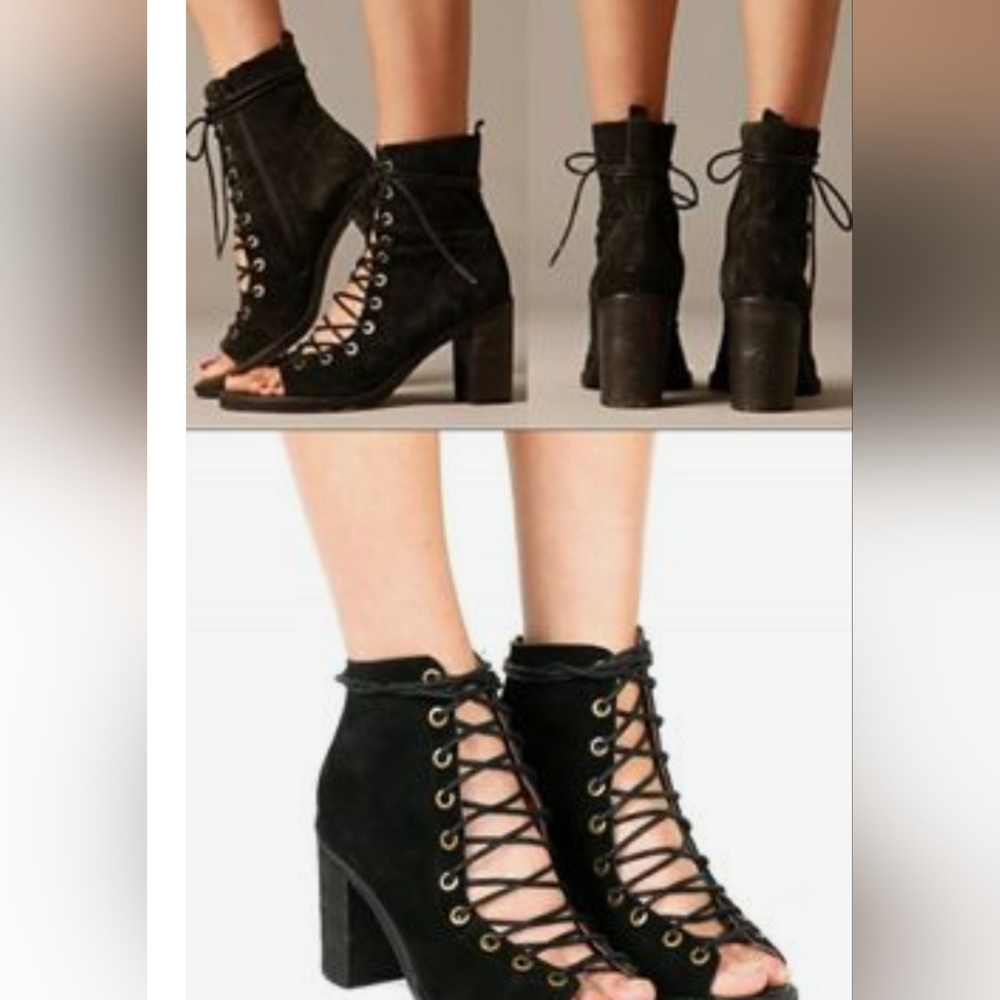 JEFFREY CAMPBELL HAVANA Black Leather Lace Up Zipper Peep Toe Heels Booties 8.5